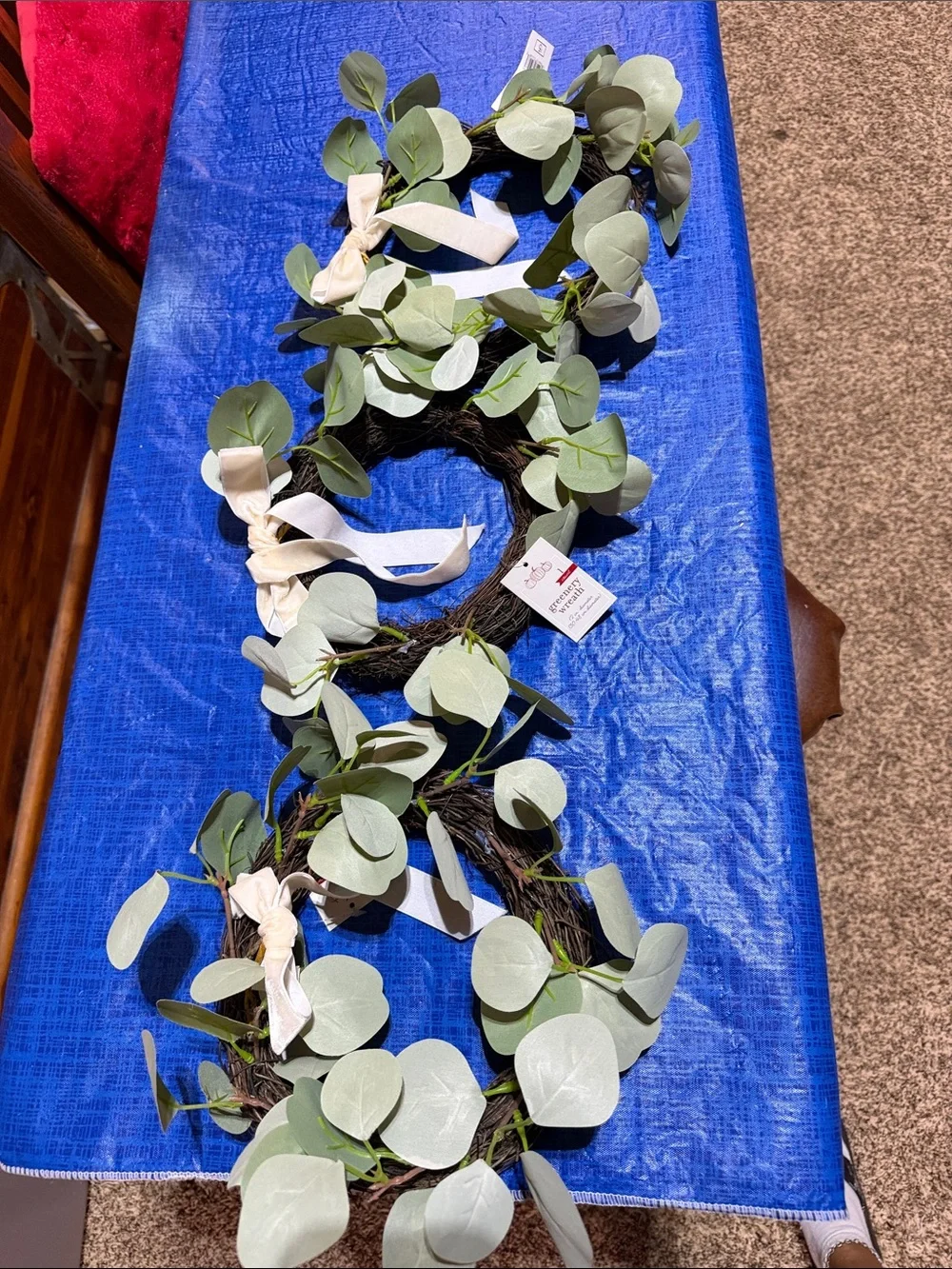 set of 3 Target Eucalyptus Leaf Holiday Wreaths with Cream Ribbon